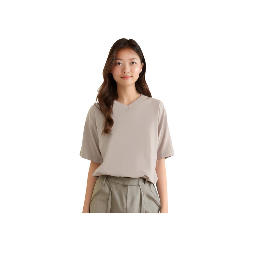 Uniqlo Solid Color V-Neck Pullover Short Sleeve T-Shirt Unisex Tops Light-Beige 455364-30