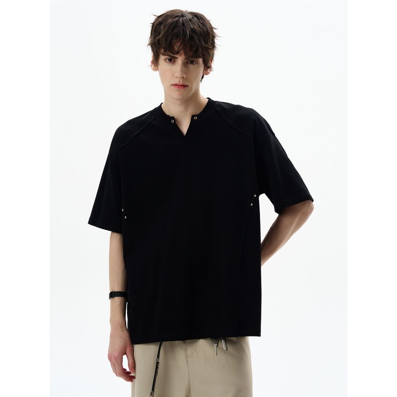 Madwitch American Retro Deconstructed V-Neck Short-Sleeve T-Shirt for Men and Women, Loose and Versatile Cleanfit Half-Sleeve Top Trendy