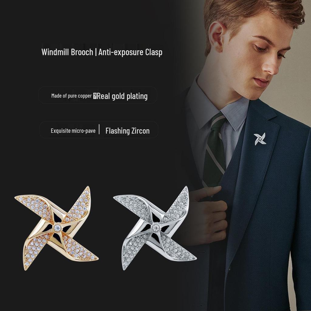 Crystal Pinwheel Men's Brooch - High-End Lapel Pin with Inlaid Zircon for Women's Accessories