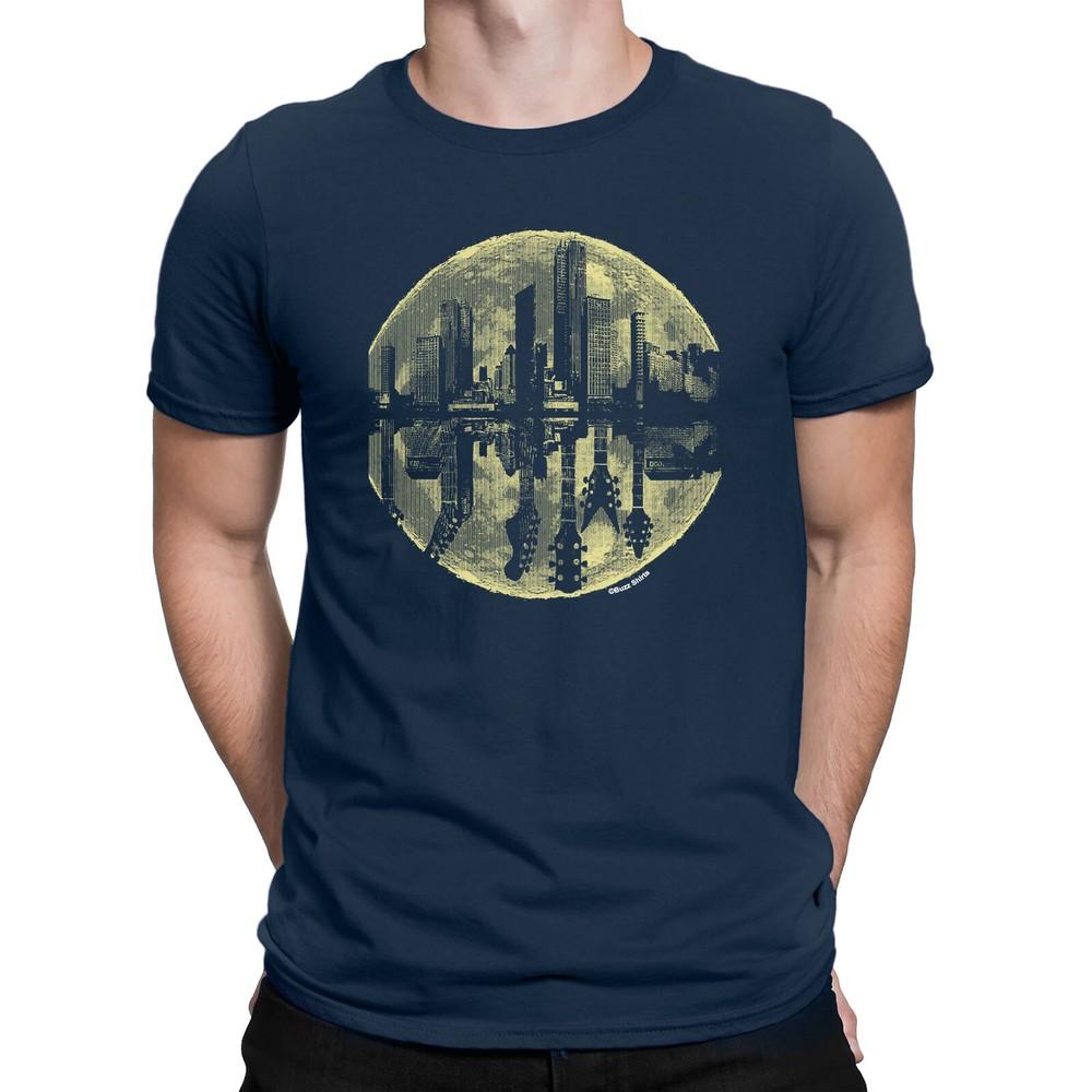 

Moon Guitar Mens Music T-Shirt City Skyline Electric Acoustic Retro Art M