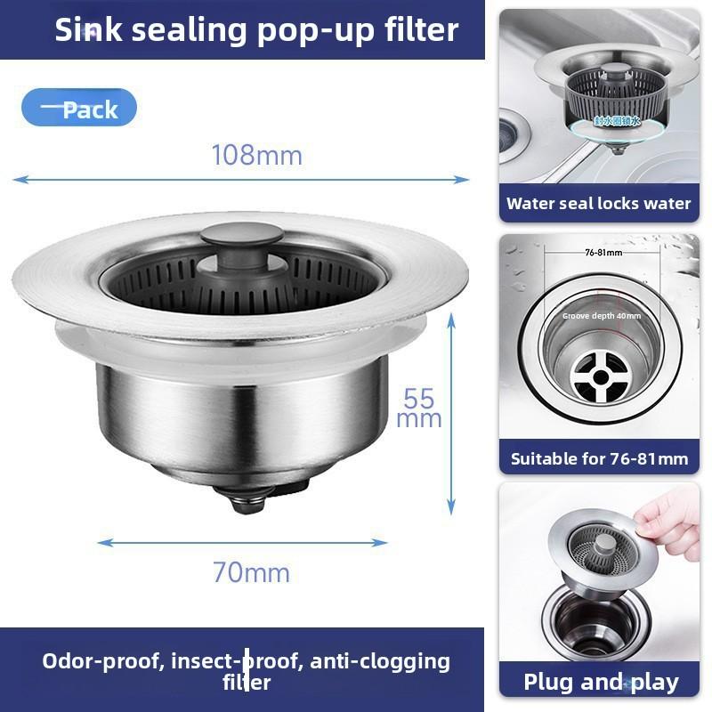 Stainless Steel Kitchen Sink Spring Core Leakage Plug, Filter Screen Drain, Laundry Sink, Vegetable Washing Basin, Basket Drain Plug