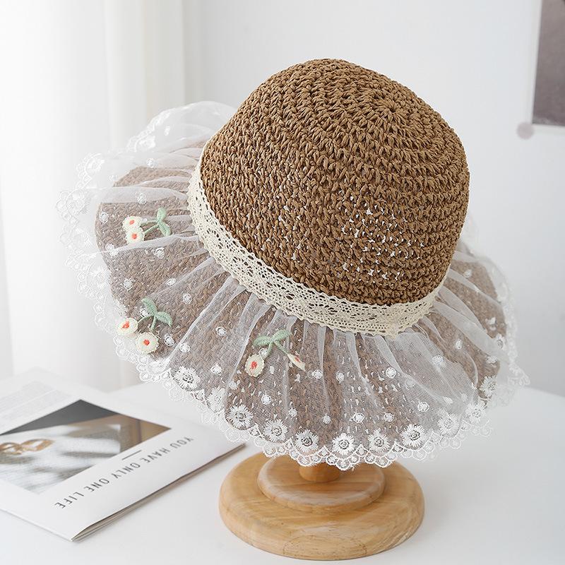 Women's Summer Hat Lace Floral Brim Sunshade Sun Hat Lady Korean Style Bucket Hat Fisherman Cap Seaside Sunscreen Beach Travel