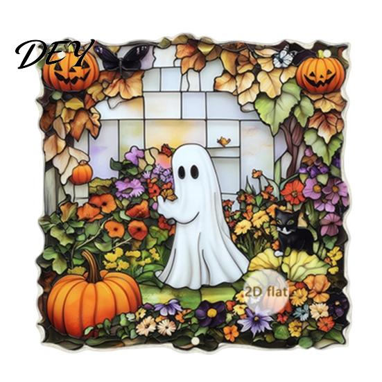 Acrylic Decoration with Bell Halloween 2D Chain, Bell, Stained Glass Ghost Bat Pumpkin Suncatcher Decor Decor, Window Wall Hanging Ornament