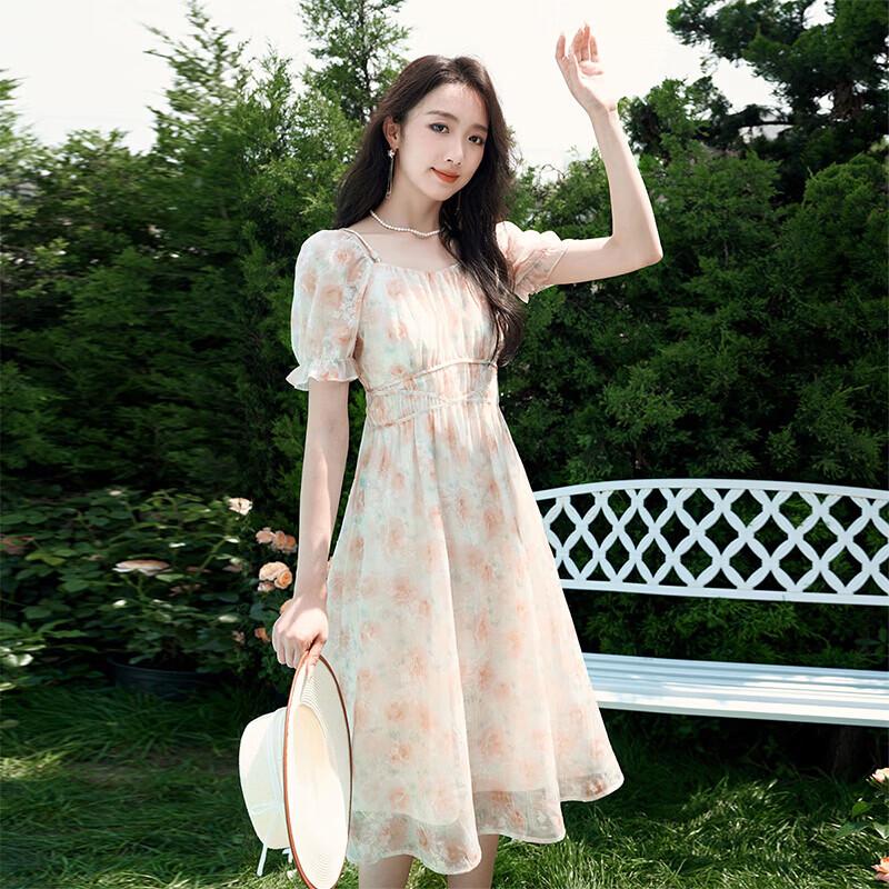 Xiangying French Square Neck Floral Midi Dress M