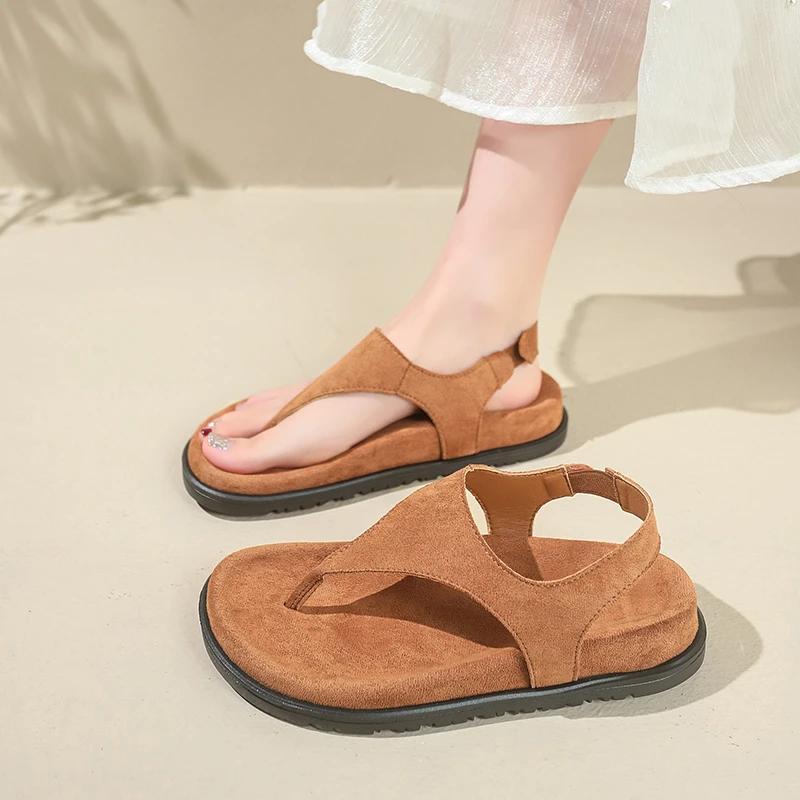 Damen Sandalen mit dicker Sohle Zehensteg Slipper Wildleder Schuhe für Damen Freizeit Strand Neue Mode Retro Sandalias De Mujer