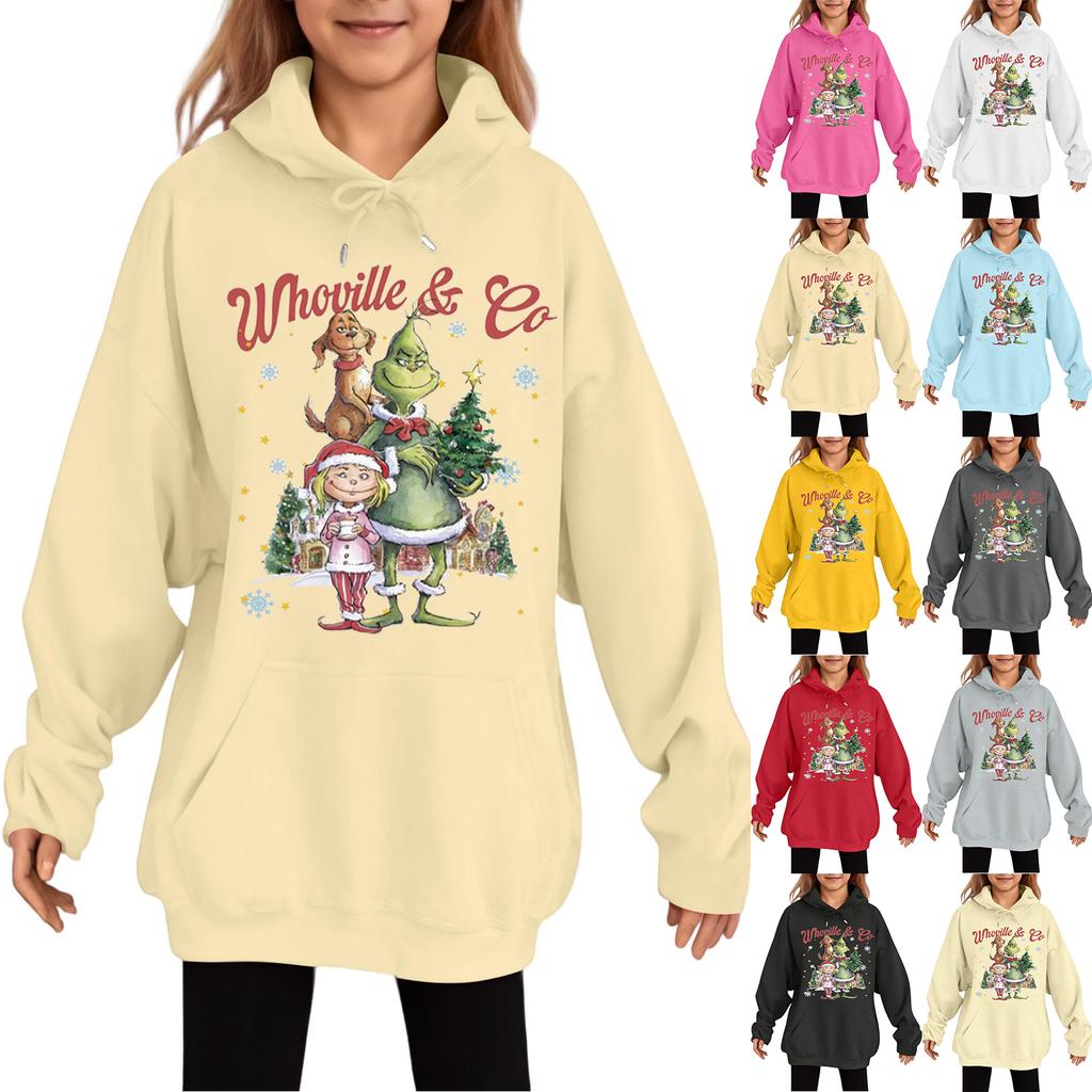 Children's Fashionable Casual Long-sleeved Loose Christmas Print Pullover Hooded Sweatshirt