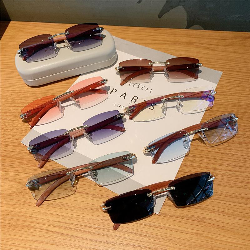 Fashion Sunglasses Men's And Women's Frameless Imitation Wood Grain Mirror Leg Sunglasses