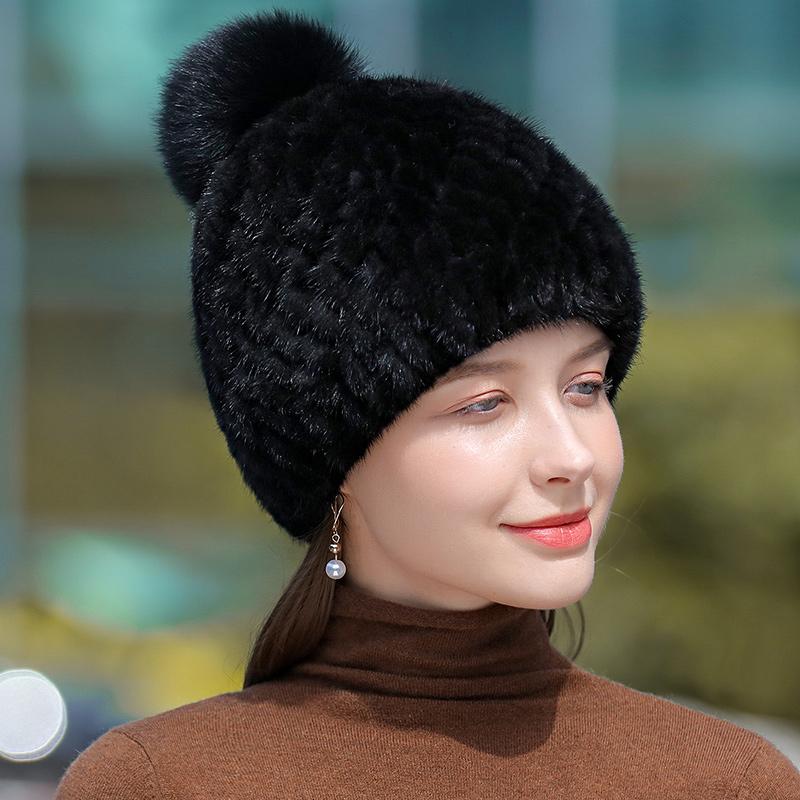 

Вязаная меховая шапка из норки для женщин, теплая зимняя толстая меховая шапка, модная шапка, закрывающая голову one size чёрный