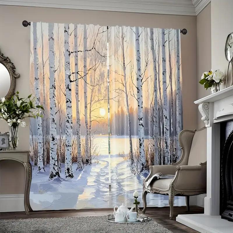 2pcs Artistic Winter Birch Forest Printed Curtains, Designed for Light Filtering, Quality Material, Ideal for Seasonal Home Wind