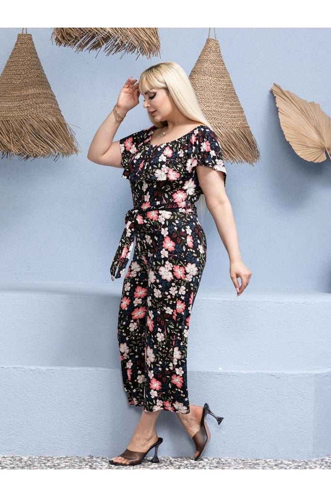 Women's Style Big Size Overalls Plus Size Gathered Madonna Collar Belted Flexible Viscose Jumpsuit