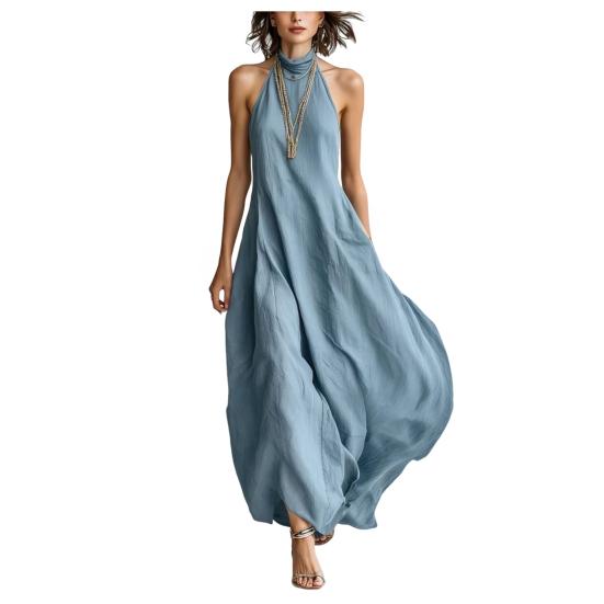 Women Summer Halter Neck Maxi Dress Casual Sleeveless A-line Long Dress Casual Beach Vacation Flowy Sundress M