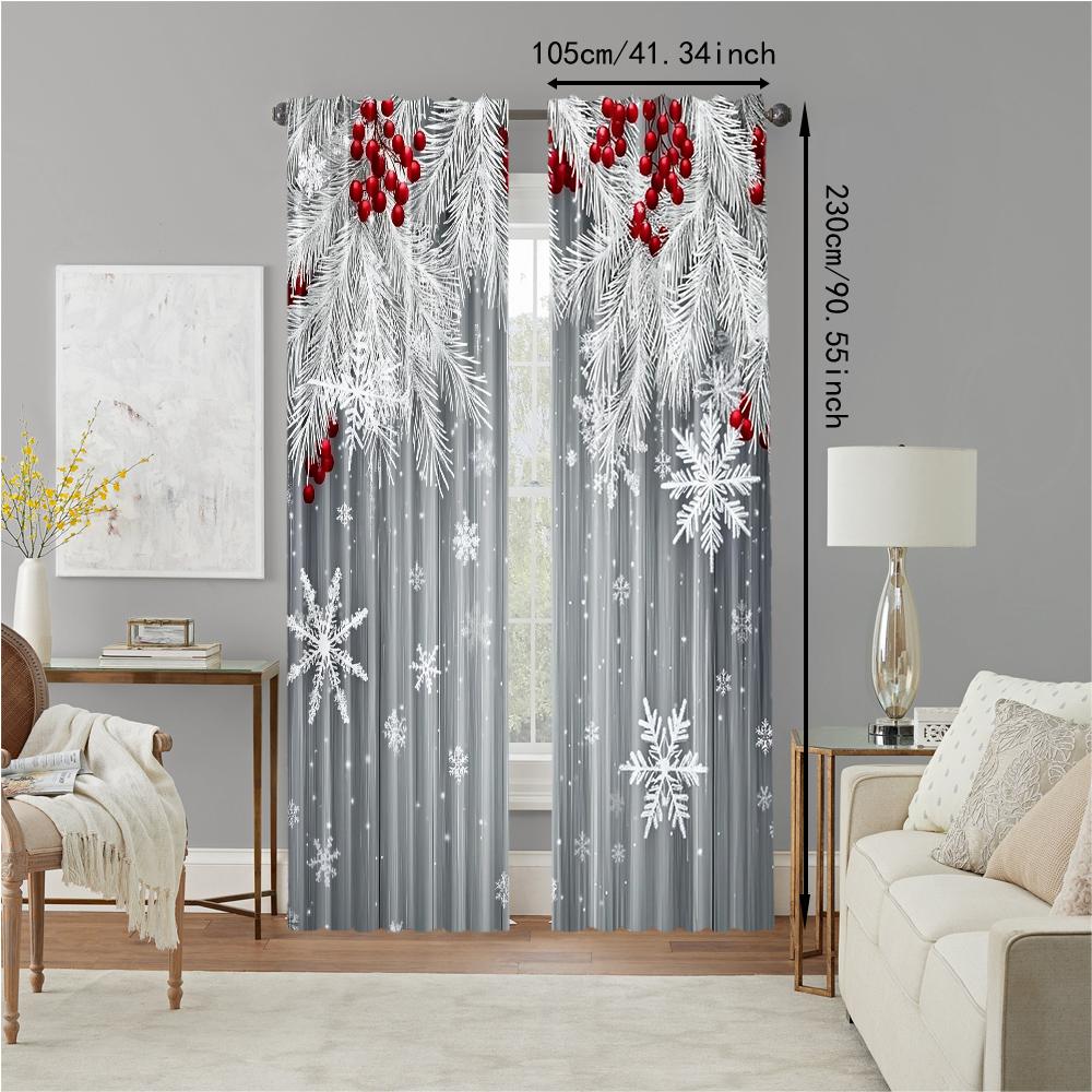 2Pcs Christmas Snowflake And Red Berry Print Polyester Material Window Curtains Rod Pocket Design For Easy Hanging Perfect For