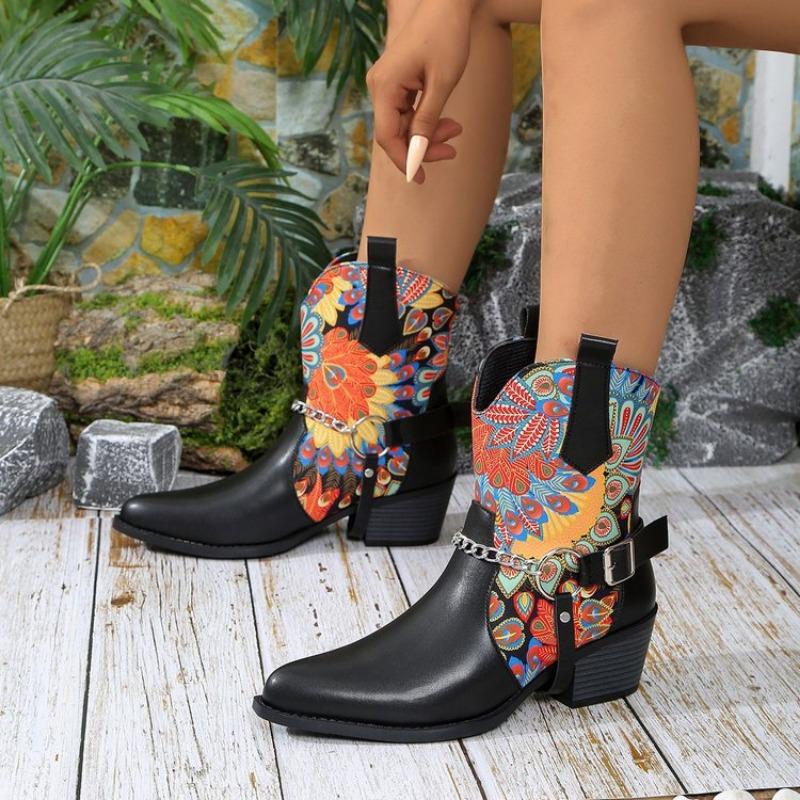 Large size autumn and winter women's boots flower multi-colored metal chain V-mouth western cowboy boots