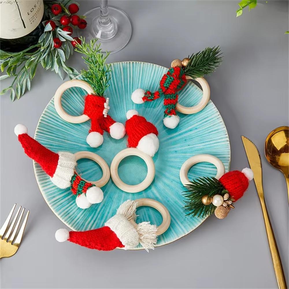 6 ks Dřevěný držák na ubrousky Ručně vyráběná spona na ubrousky Roztomilé vánoční čepice Kroužky na ubrousky Nový rok