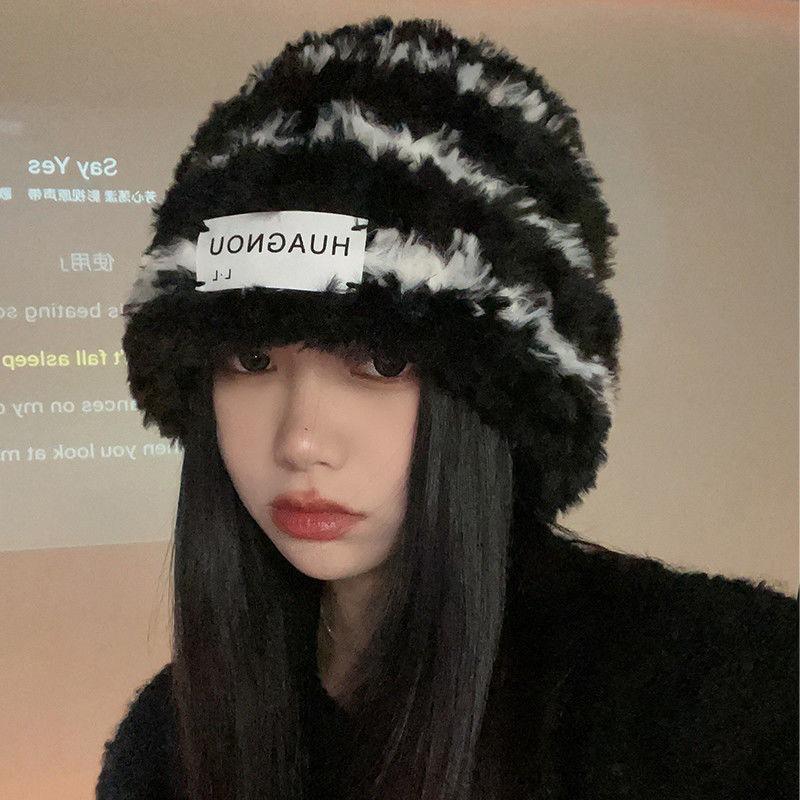 New women's winter plush warm thickened knitted hat wool stripes show small face big head circumference ear protectors stacking hat