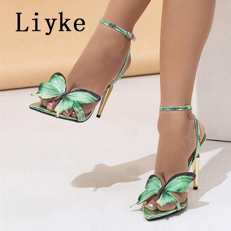 Fashion Liyke Sexy Green Snake Print Leather Ankle Strap Sandals Women Fashion Butterfly Designer High Heels Summer Party Dress Shoes