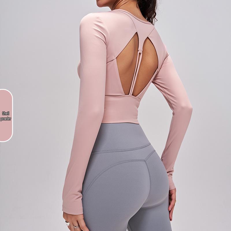 Women's Cross-border Long Sleeve Yoga Top with Fixed Cups and Hollow Back Design