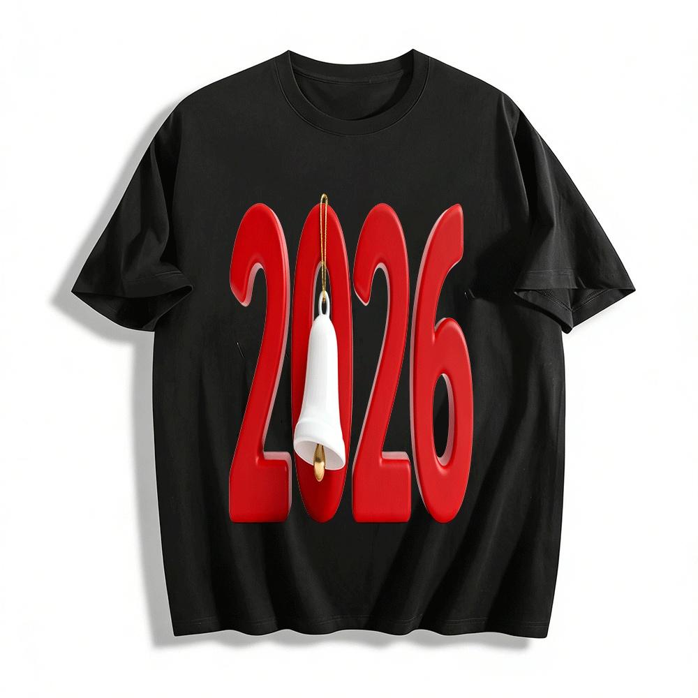 2026 New Year Bell Print Casual Versatile Unisex Top Pure cotton T-shirt XXS