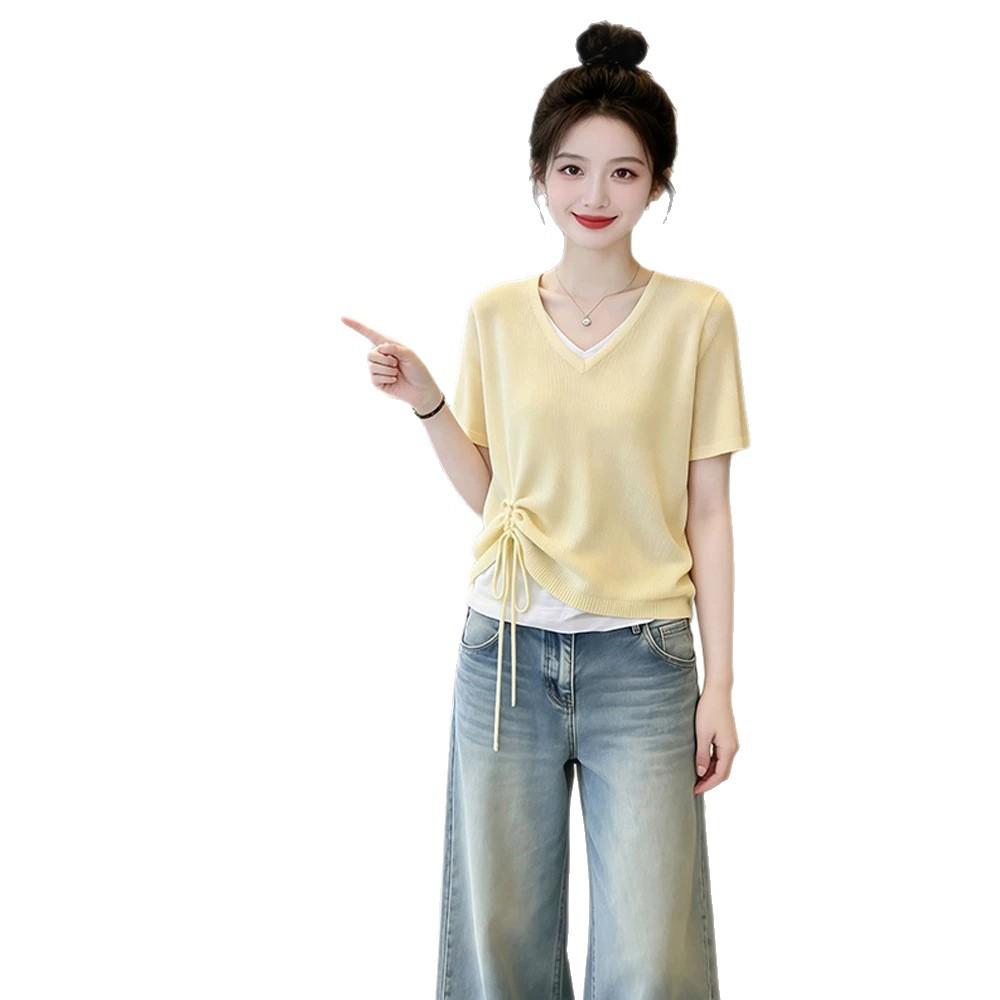Thin breathable fake two-piece short-sleeved pullover knitted t-shirt summer temperament versatile and thin drawstring top