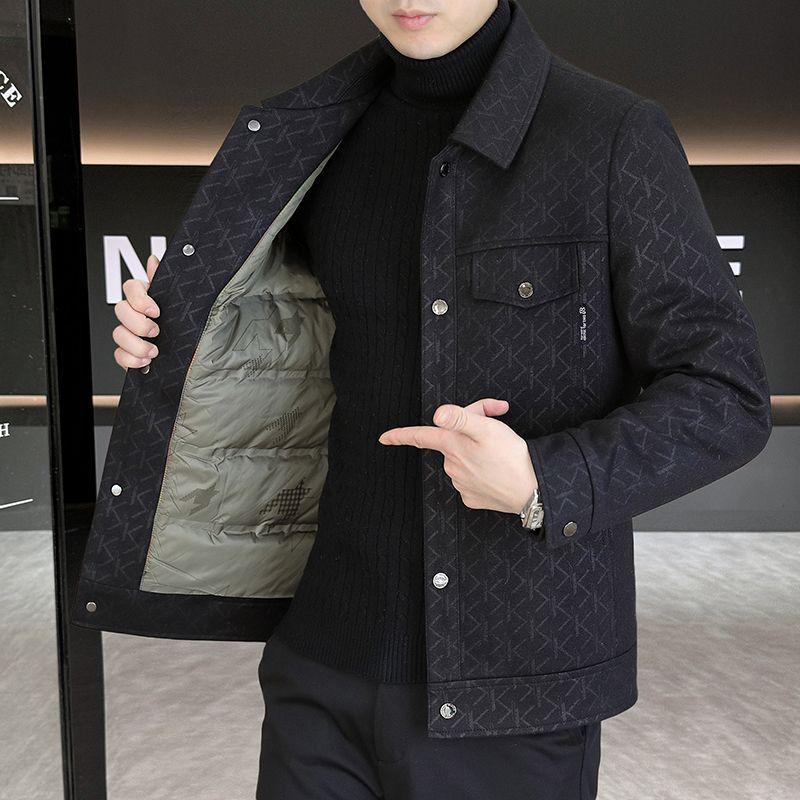 

Men s Winter Blue Woolen Down Jacket with Turn-Down Collar M [for 90-110 lbs]