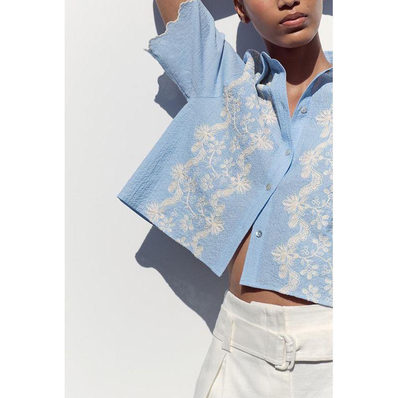 Summer New Product Women's Clothes Contrast Color Embroider Fashion Minimalist Short Sleeve Lapel Short Shirt Tops 3564074