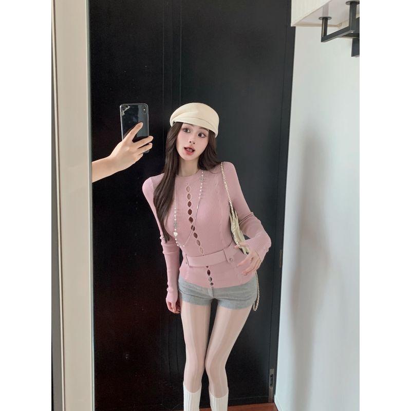 Kumikumi Sexy Style Apricot with Cut-Outs round Neck Long Sleeves Knitwear Women's Autumn Slimming Casual Pants Two-piece Set