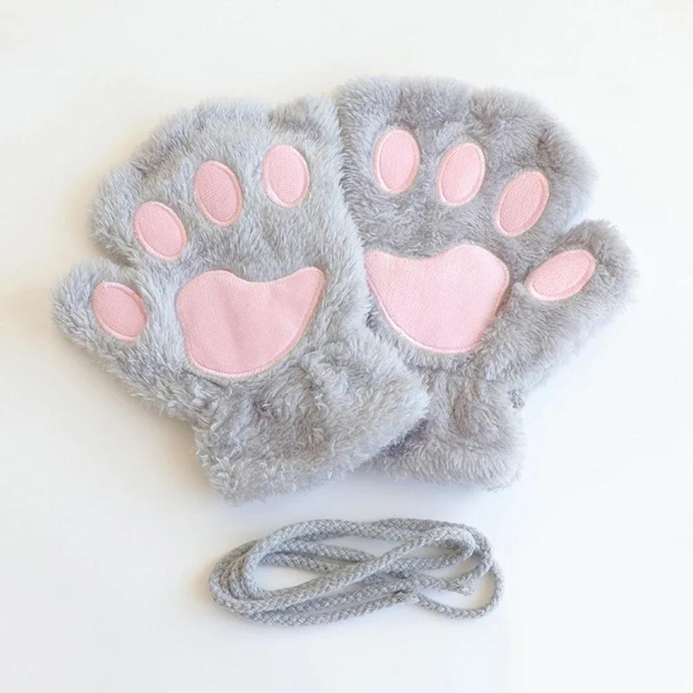 Soft Plush Cat Claw Gloves Winter Warm Cute Cartoon Cat Girls Fingerless Gloves Thickened Velvet Bear Paw Half Finger Gloves