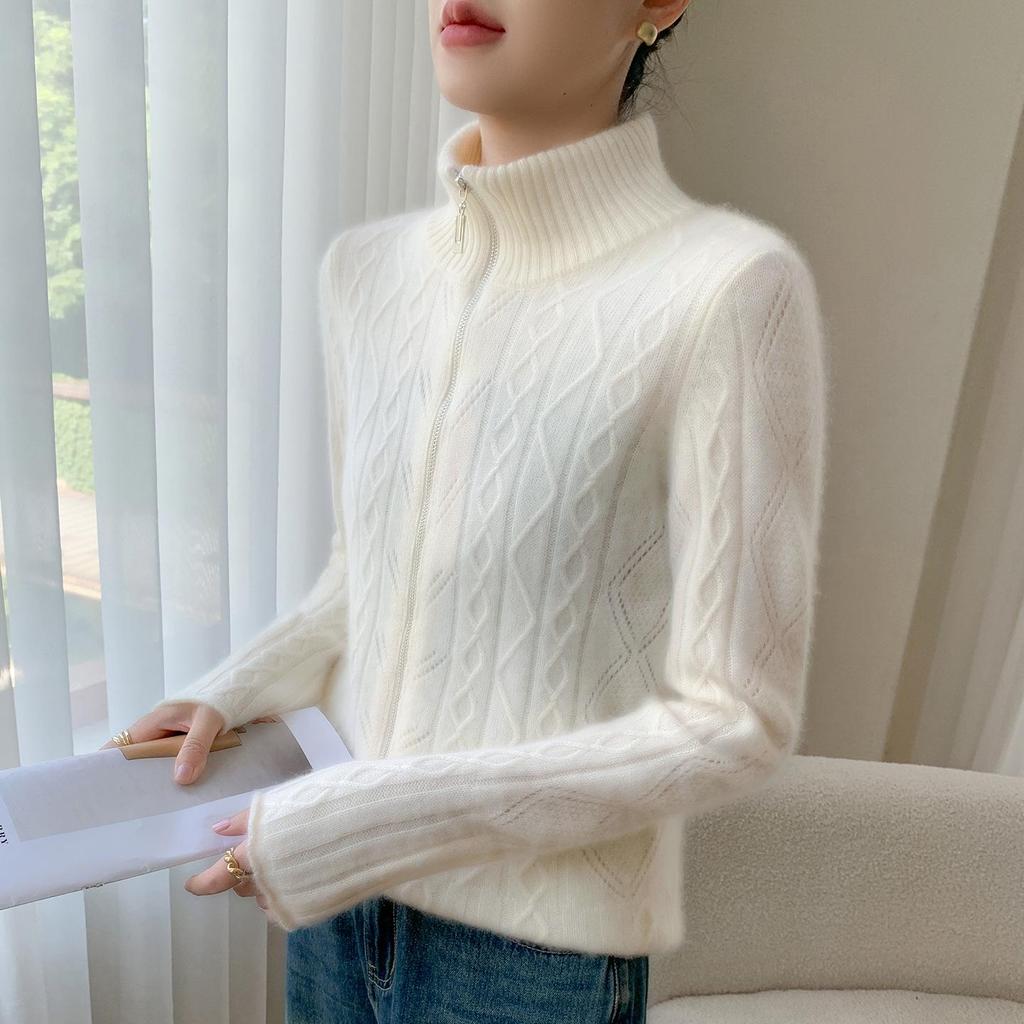 Women's High-End Cashmere Stand Collar Jacquard Zipper Cardigan Sweater - Autumn/Winter Loose Style.