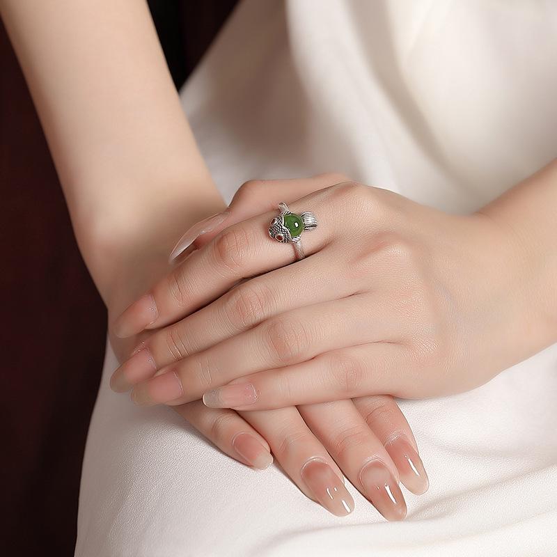 S925 Sterling Silver Hetian Jade "Year After Year" Fish Design Women's Emerald Ring