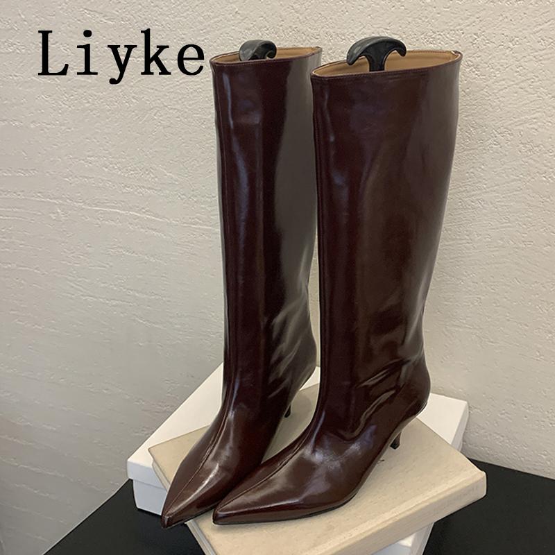

Мода Liyke Зимний Уличный Стиль Уютные Ботильоны с Острым Носком Женские Сапоги до Колена Слипоны Низкий Тонкий Каблук Обувь Женские Длинные Ботильоны Zapatos Mujer 35 вино красного