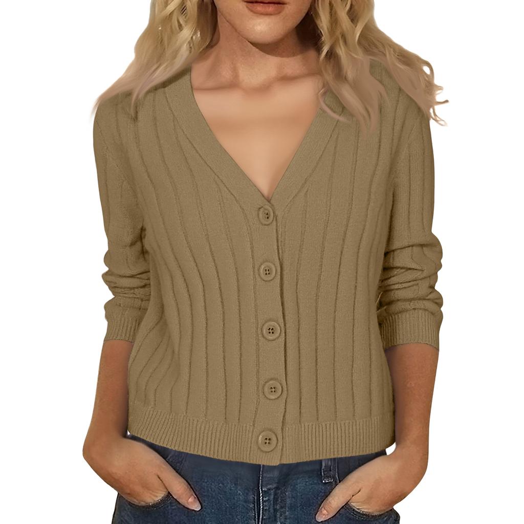 Women's Fashion Long-Sleeve V-Neck Lightweight Knit Sweater Solid Color Outerwear Top