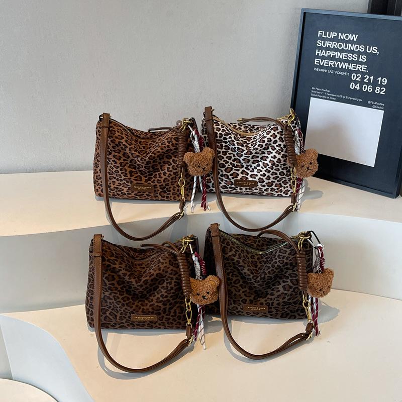 Women's Suede Leopard Print Large-Capacity Retro Crossbody Tote Bag