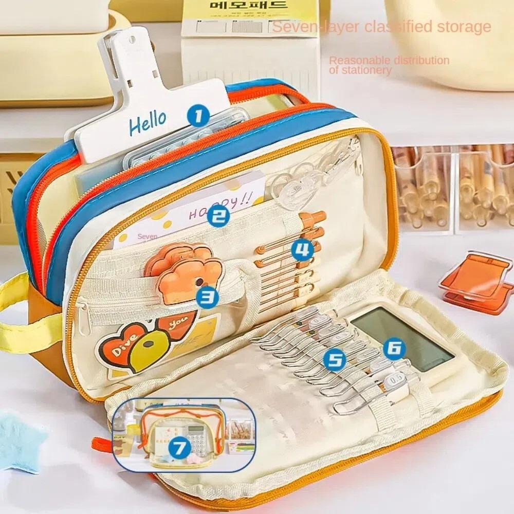 Multiple layers Pencil Cases with 2 Plush Stars Students School Supplies Large Capacity Pen Bag