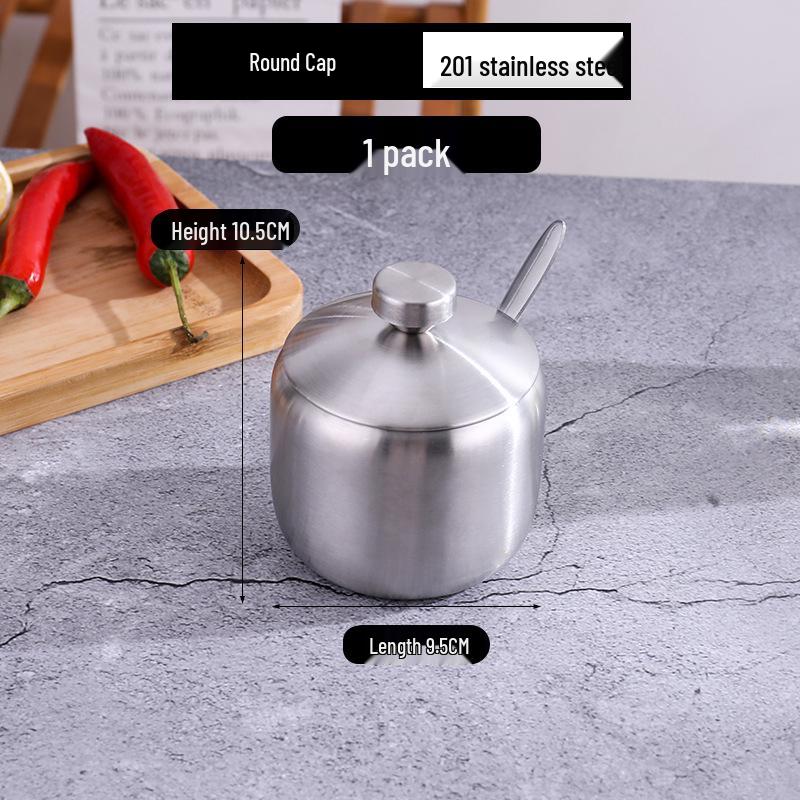 Gold Korean-Style Seasoning Jars, 201 Stainless Steel with Glass Lids On Tray, for Restaurant Use.