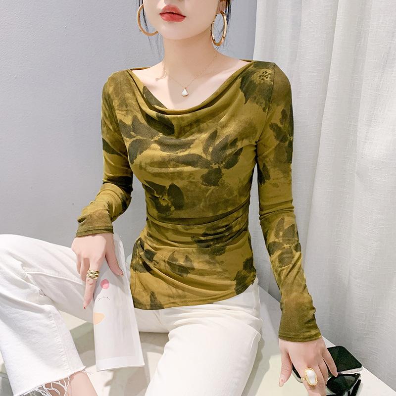 Irregular T-shirt Womens Long-sleeved Pile-collar Mesh Base Blouse Autumn and Winter Updated Slim Blouse Mesh Top S