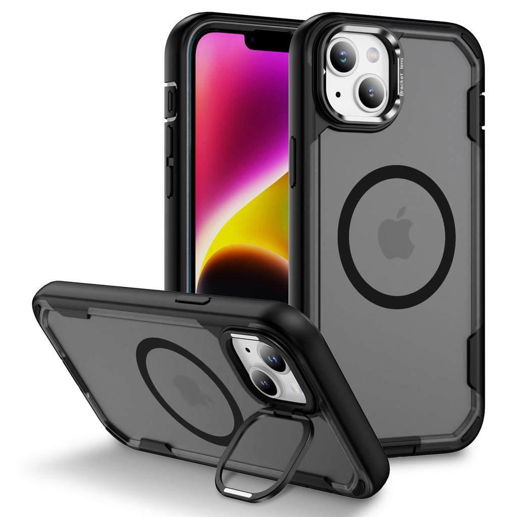 For iPhone 14/13 Case Compatible with MagSafe Lens Frame Kickstand TPU+PC Shockproof Phone Cover