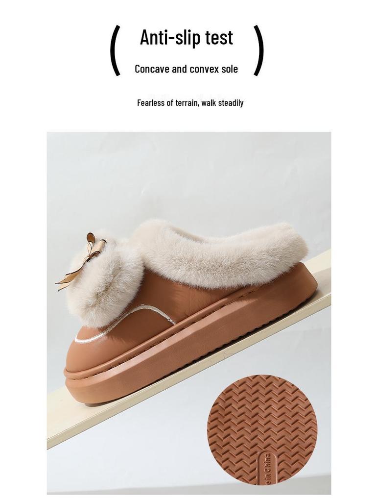 Wasserdichte Leder-Schleifen-Hausschuhe für Damen - Niedlich, flauschig, Baumwoll-Hausschuhe mit dicker Sohle