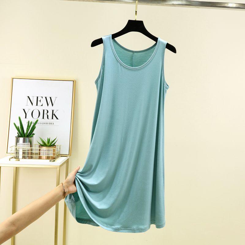 

Модальное платье-ночная сорочка без рукавов с круглым вырезом для женщин, летнее тонкое повседневное платье большого размера, свободное и простое однотонное платье Pea green L (Recommendation 45.00 kg-65.00 kg