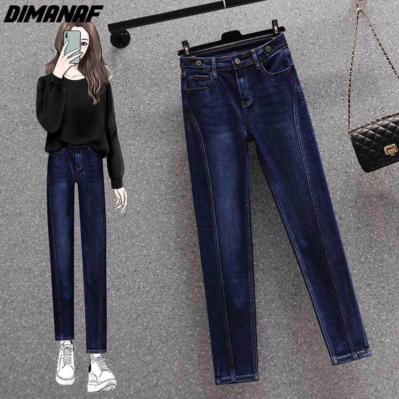 DIMANAF 2024 Neue Übergrößen Jeans Herbst Damen Patchwork Basic Elastische Hose Locker Lässig Damen Hose Blaue Hose 5XL
