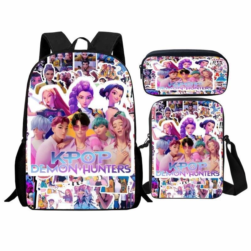 Set Zaino per Studente Gruppo di Ragazze Cacciatrici Kpop 3-in-1 Cartone Animato Borsa Scolastica con Borsa a Tracolla e Astuccio