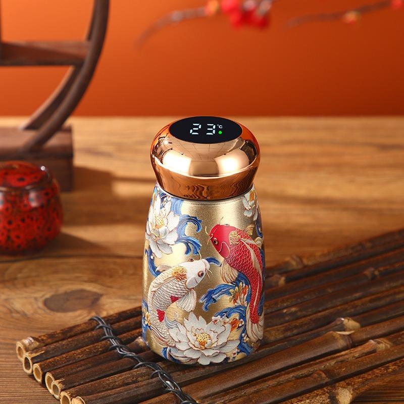 Påfågelmönster Vakuummugg Rostfritt Stål Vintage Blomma Termisk Vattenflaska 300ml Dubbellagers Isolering Glas Tekanna med Läcksäkert Lock