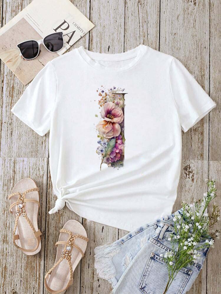 Custom Name Letter Combination Fashion Women T-shirt Floral Letter Font A B C D E F G Short Sleeve Tops White T-shirt
