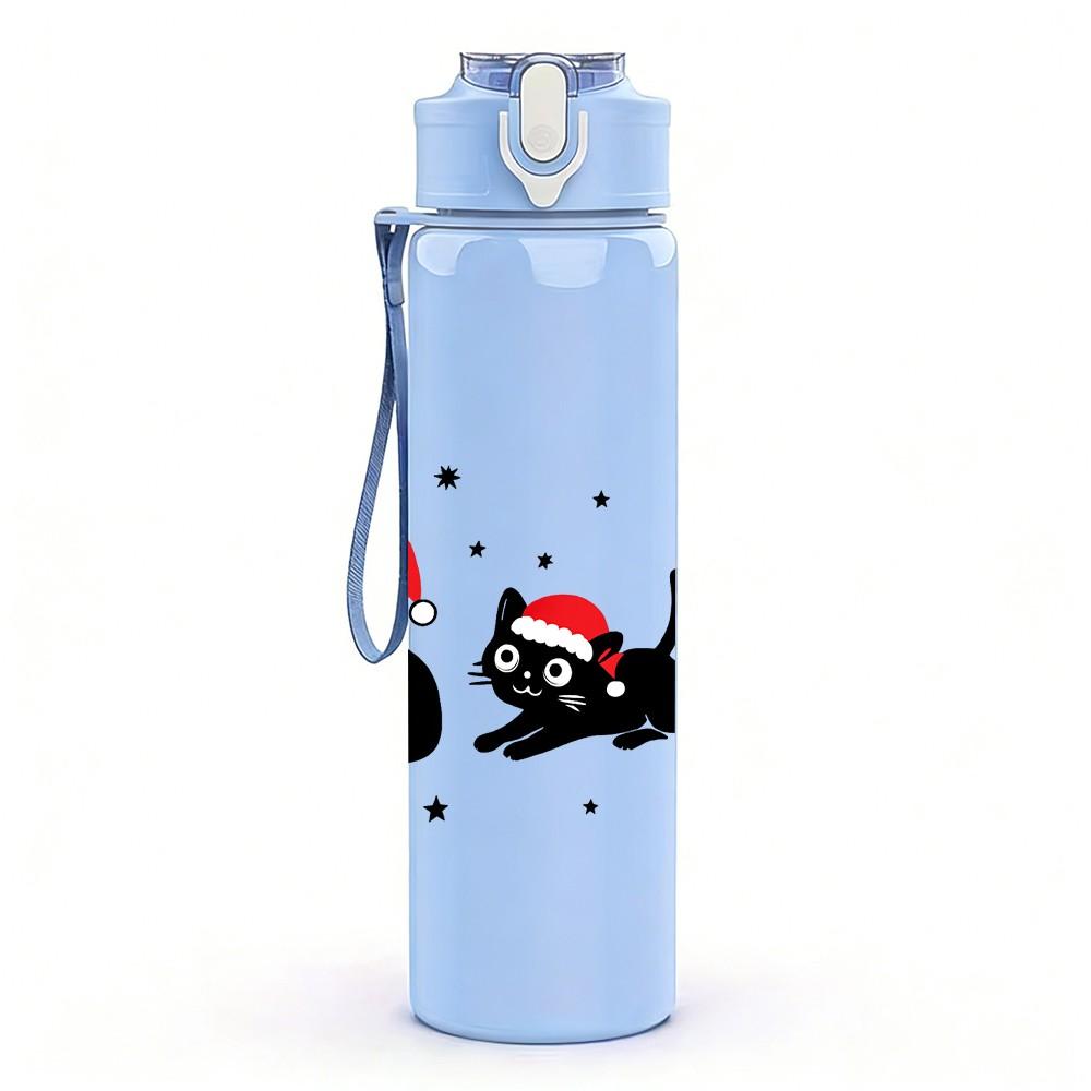 1PC Four Santa Black Cat Cartoon 750ml Color Plastic Sports Water Bottle Leakproof Flip Straw Lid Suitable for Sports Office Home Use
