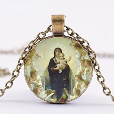 Catholic Glass Pendant, Featuring The Virgin Mary And The Infant Jesus, A Vintage Design Suitable For Both Men And Women.