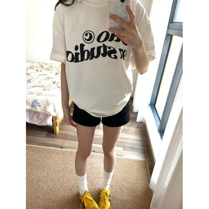 

Новая футболка с ретро-спортивным принтом, женская, лето 2025, свободная, повседневная, из чистого хлопка, студенческая, с коротким рукавом, тренд S