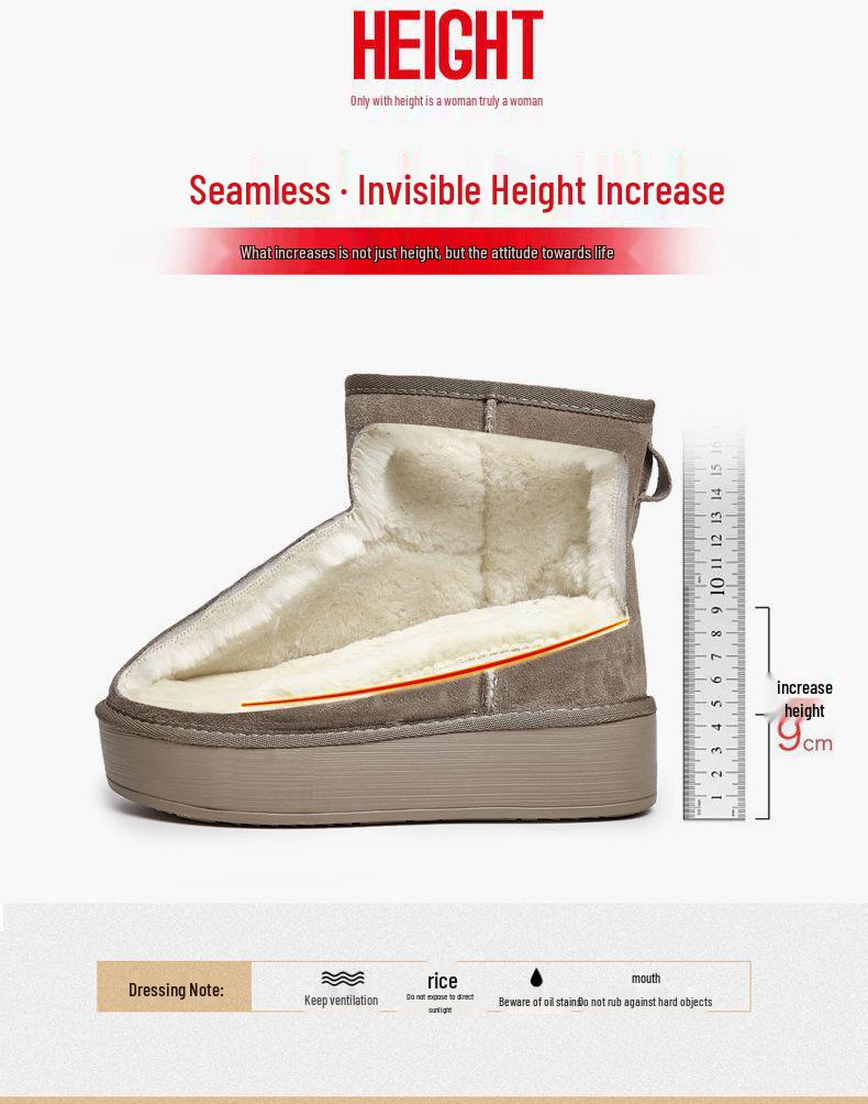 Women's Korean Style Thick Sole Hidden Heel Snow Boots: Genuine Leather, Fleece-Lined, Warm Ankle Boot for Versatile Winter Wear.