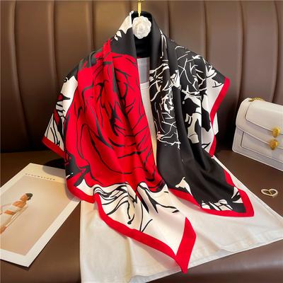 Rose Silk Scarf Women'S Twill Silk Large Square Scarf Versatile Decorative Shawl Autumn And Winter Scarf Color Matching Yarn Sun Protection