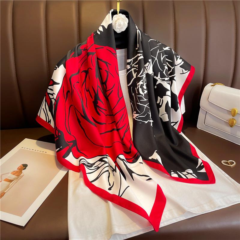 Rose Silk Scarves Female Twill Silk Bandana Garnish Shawl Autumn and Winter Scarf Color Matching Fashion Scarves Sunscreen