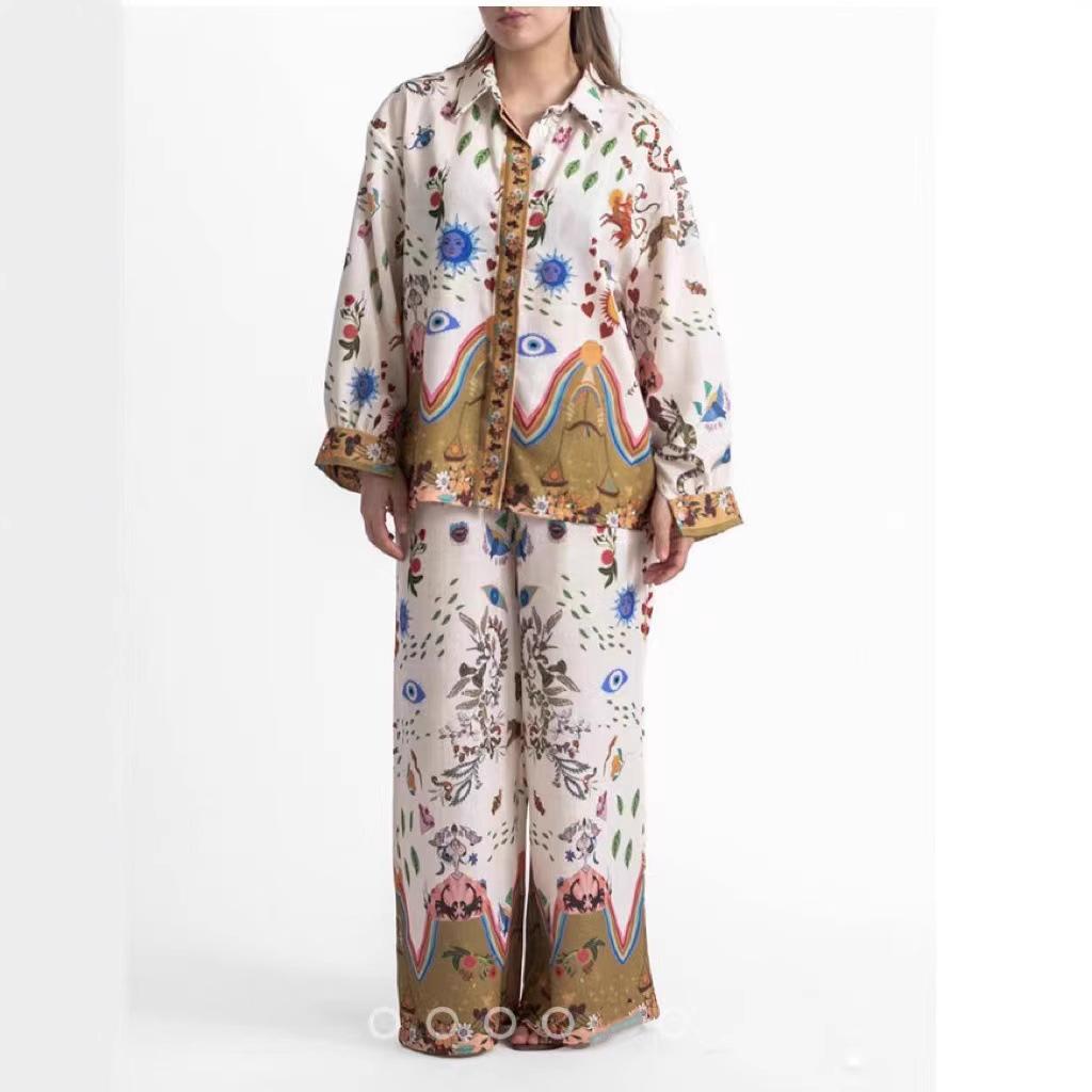 Autumn and winter new European and American positioning printing fashionable versatile loose trousers shirt + thin trousers two-piece set