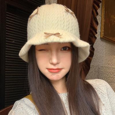 Sweet Bow Knitted Fisherman Hat Autumn and Winter Casual Versatile Woolen Hat Warm Hat Windproof Small Basin Hat Showing Face